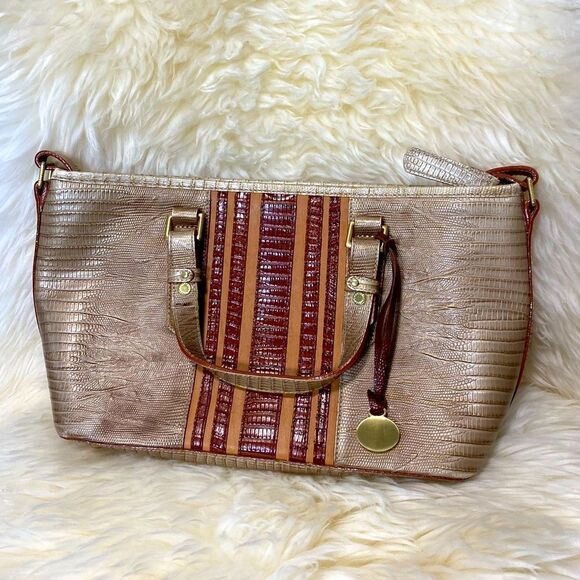 BRAHMIN MINI ASHER in CABANA VINEYARD Cream & Brown GENUINE LEATHER HANDBAG - Picture 1 of 9
